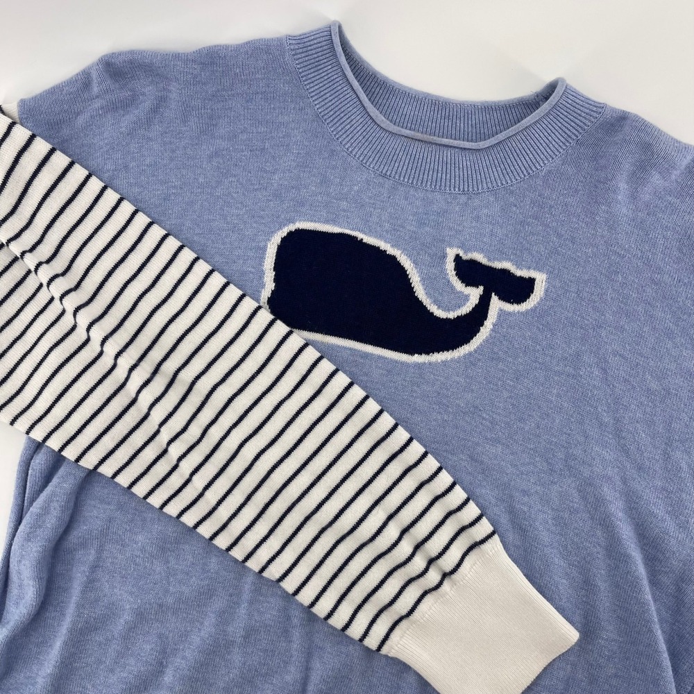 Vineyard Vines Girls Whale Sweater Striped Sleeve Blue Cotton‎ Blend XL